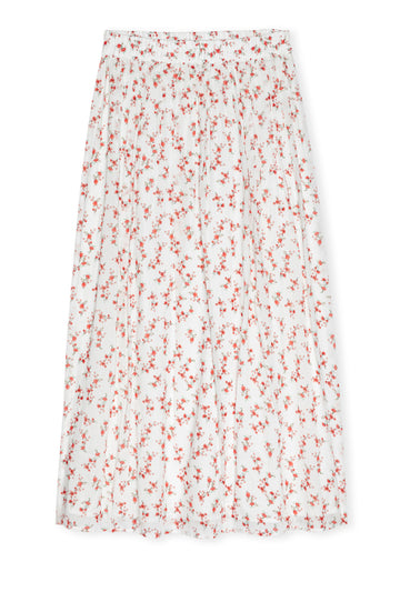 mid length white skirt with small red flowers with elasticated waist from rails