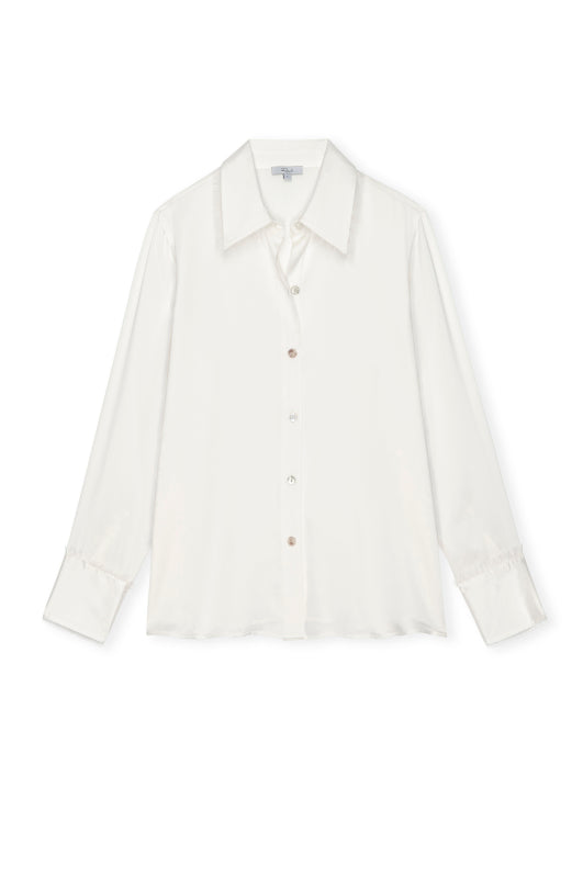 ivory silk shirt with mop buttons and classic collar with fringe detailing