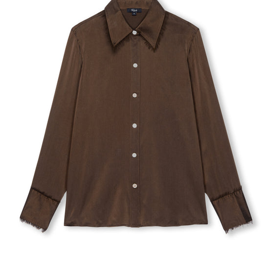 chocolate brown silk skirt with fringe detailing on the collar and cuffs