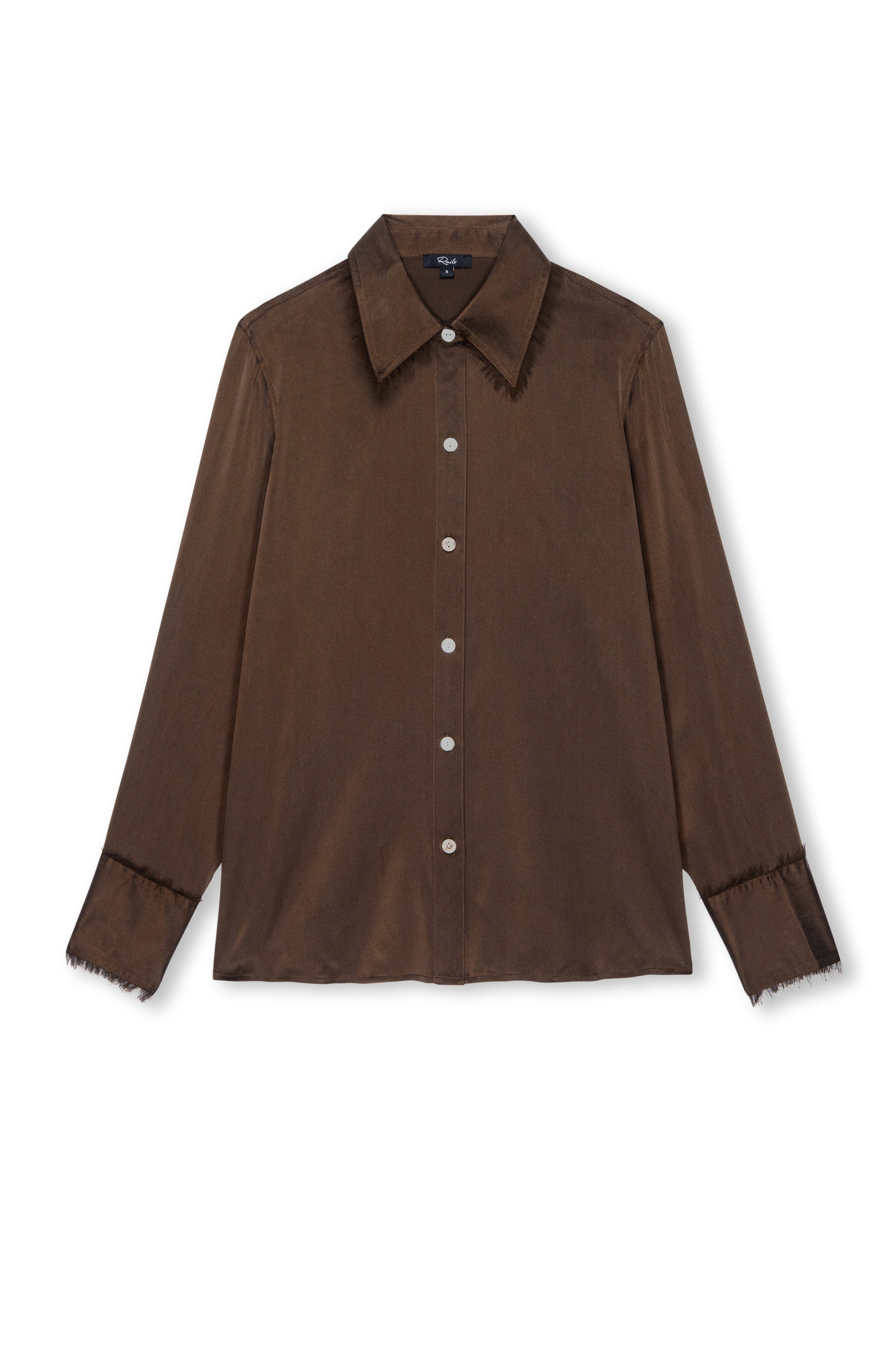 chocolate brown silk skirt with fringe detailing on the collar and cuffs