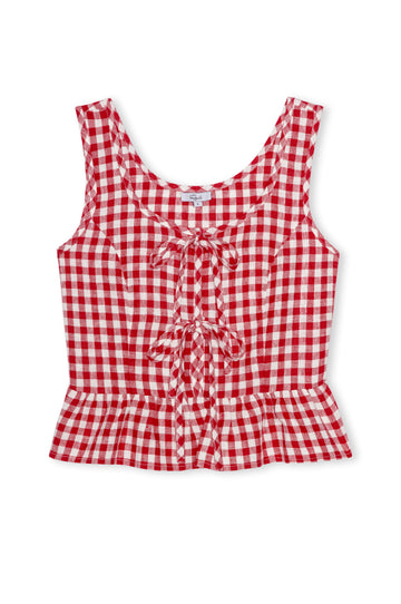 v neck red gingham sleeveless top with 2 ties at the front from rails