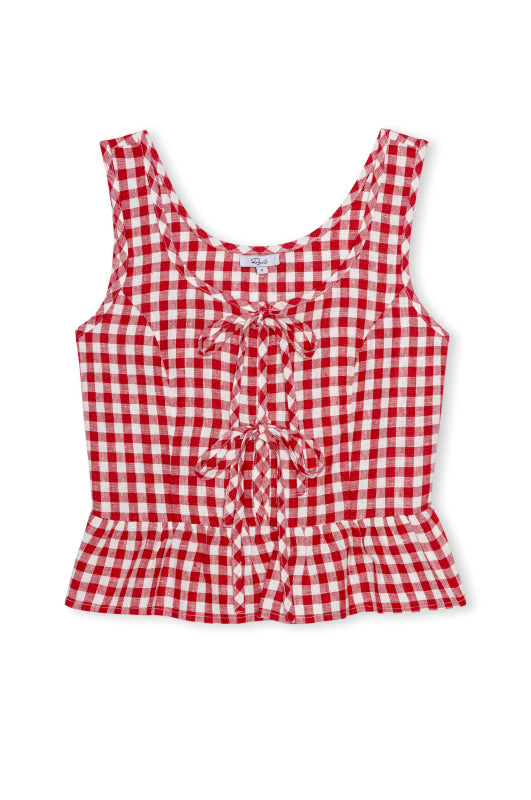 v neck red gingham sleeveless top with 2 ties at the front from rails