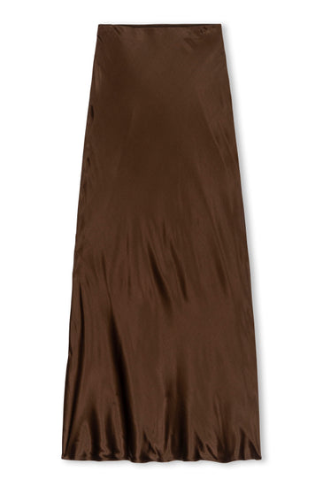 long brown silky rayon slip skirt with waterfall hem and elasticated waistband