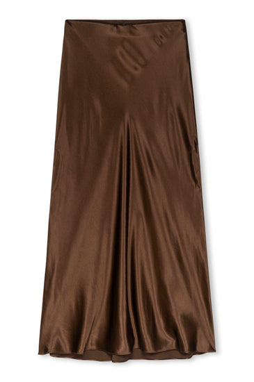 brown silky rayon slip skirt with waterfall hem and elasticated waistband