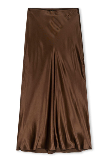 brown silky rayon slip skirt with waterfall hem and elasticated waistband