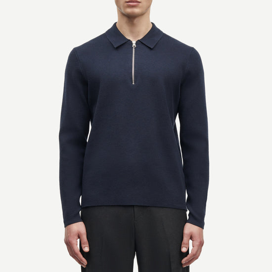 navy half zip jumper with collar and long sleeves in fine knit model shot 