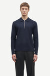 navy half zip jumper with collar and long sleeves in fine knit model shot 