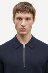 navy half zip jumper with collar and long sleeves in fine knit close up