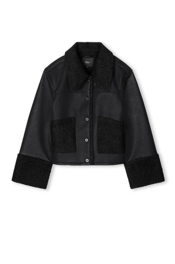 black shearling jacket with leather exterior, shearling pockets, collar and cuffs in a boxy fit 