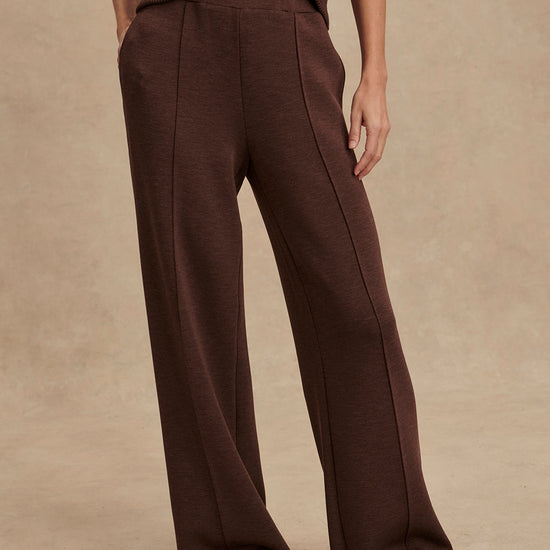 dark brown marl wide leg sweat pants with central seam down the legs and elasticated waistband with side pockets 