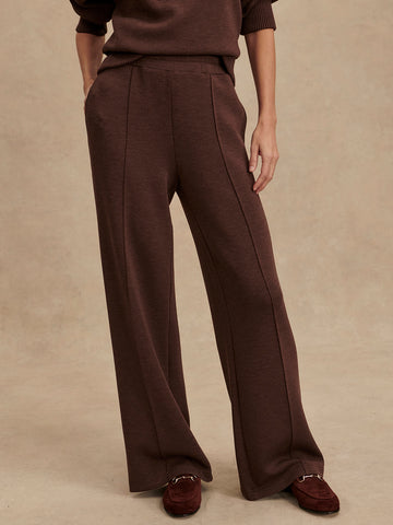 dark brown marl wide leg sweat pants with central seam down the legs and elasticated waistband with side pockets 