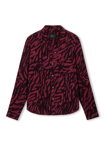 deep red oxblood tiger print shirt with collar, long sleeves and chest pocket