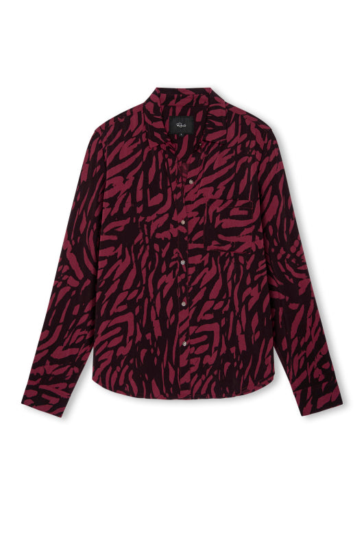 deep red oxblood tiger print shirt with collar, long sleeves and chest pocket