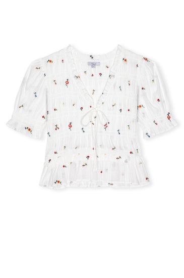 V neck short sleeve ruffle sleeve white top with tie at front and embroidered flowers from rails