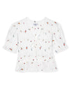 V neck short sleeve ruffle sleeve white top with tie at front and embroidered flowers from rails