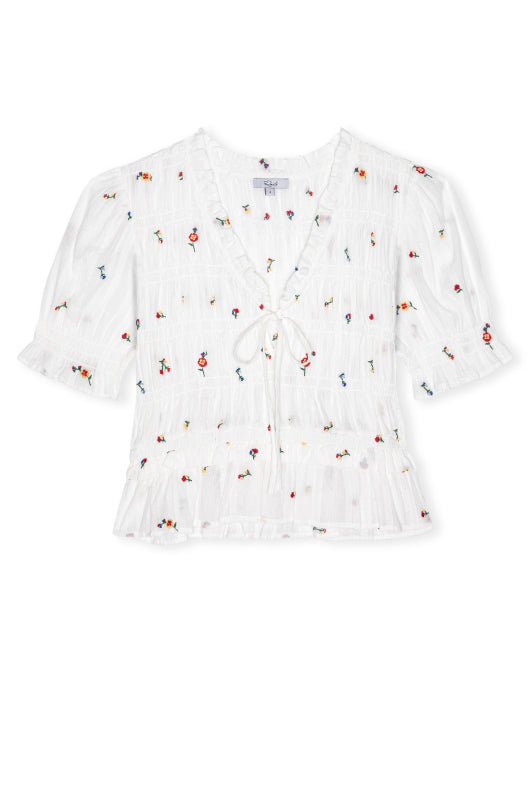 V neck short sleeve ruffle sleeve white top with tie at front and embroidered flowers from rails