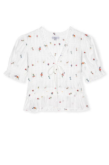 V neck short sleeve ruffle sleeve white top with tie at front and embroidered flowers from rails
