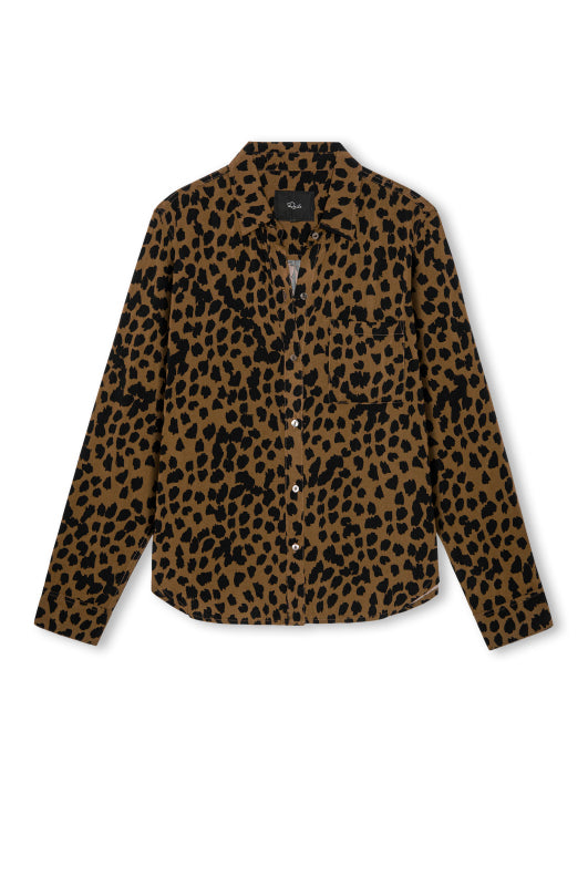 brown shirt with black spot print with long sleeves and chest pocket