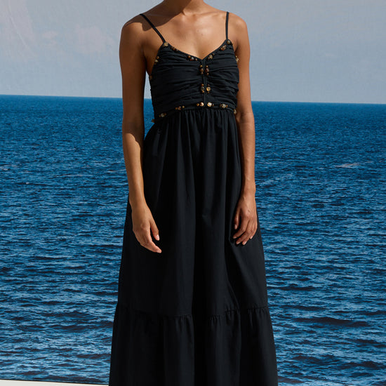 spaghetti strap black midi dress with beaded detailing from rails model