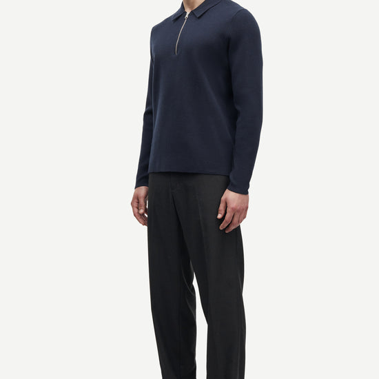 navy half zip jumper with collar and long sleeves in fine knit side view 