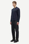 navy half zip jumper with collar and long sleeves in fine knit side view 