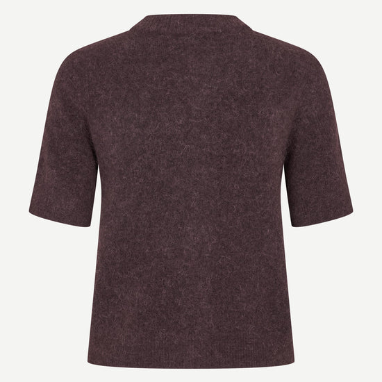 short sleeve dark burgundy wool mix cardigan with burgundy buttons from samsoe samsoe rear view