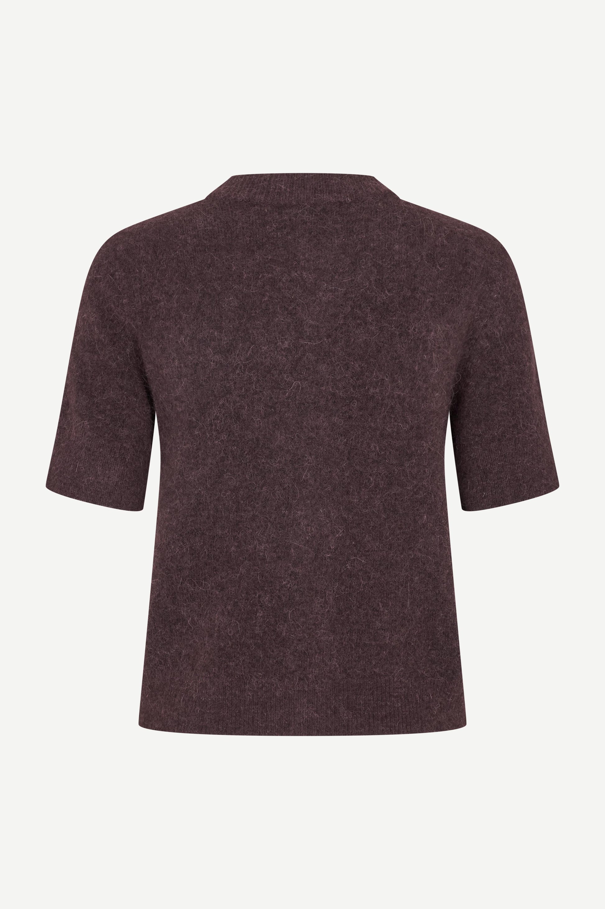 short sleeve dark burgundy wool mix cardigan with burgundy buttons from samsoe samsoe rear view