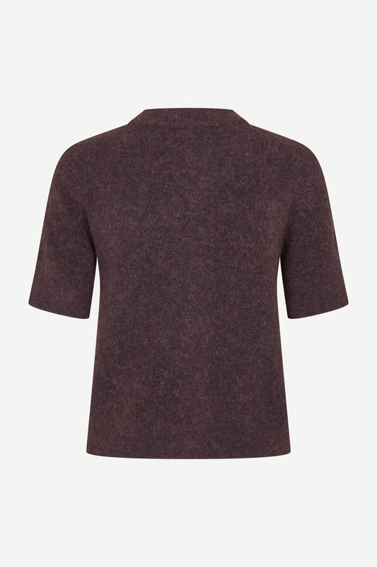 short sleeve dark burgundy wool mix cardigan with burgundy buttons from samsoe samsoe rear view