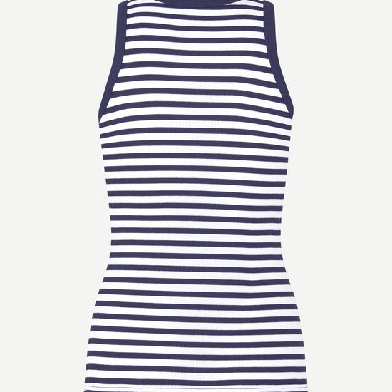 navy stripe tank with round neck and sleeveless, racerback rear view