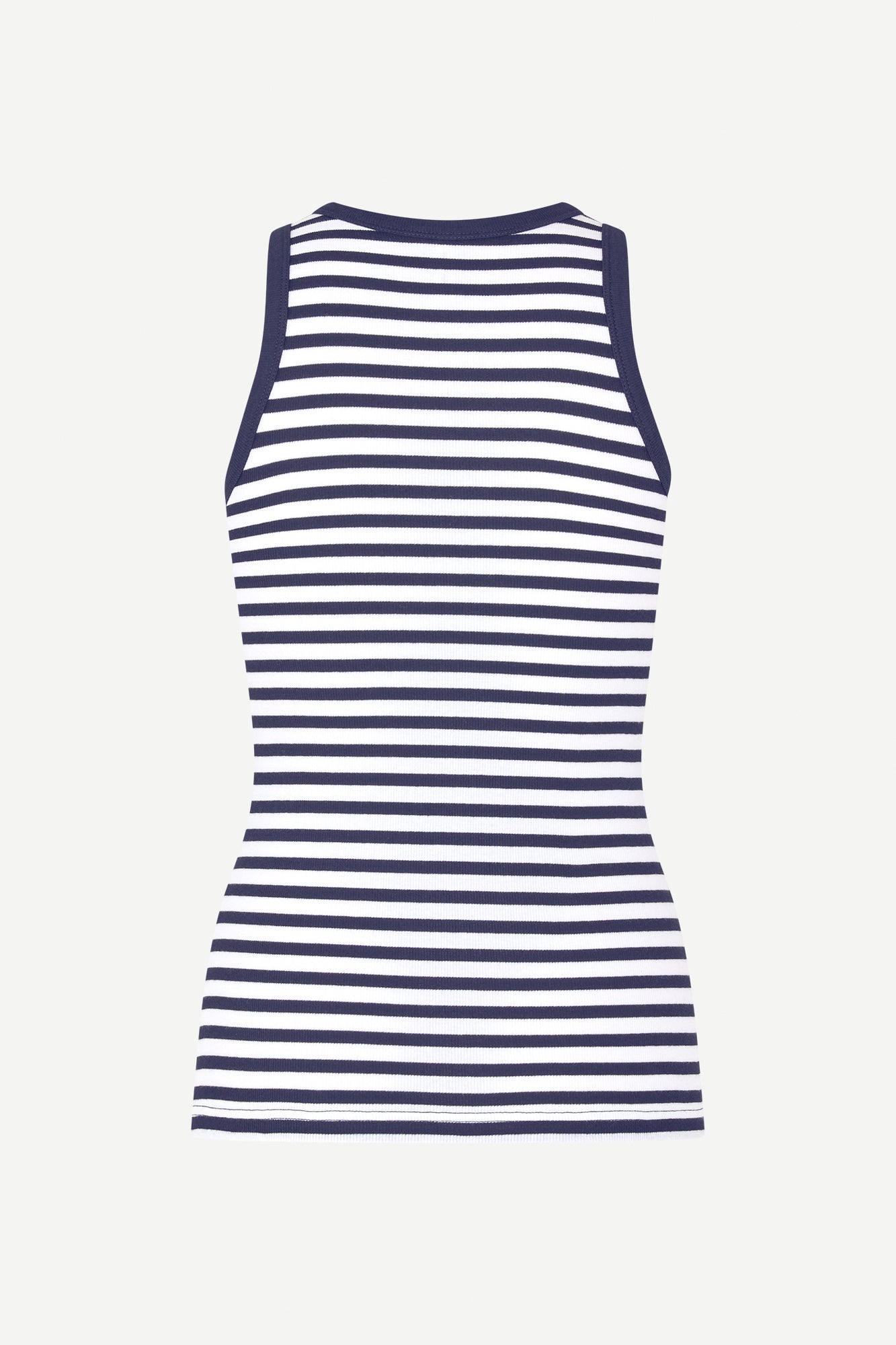 navy stripe tank with round neck and sleeveless, racerback rear view