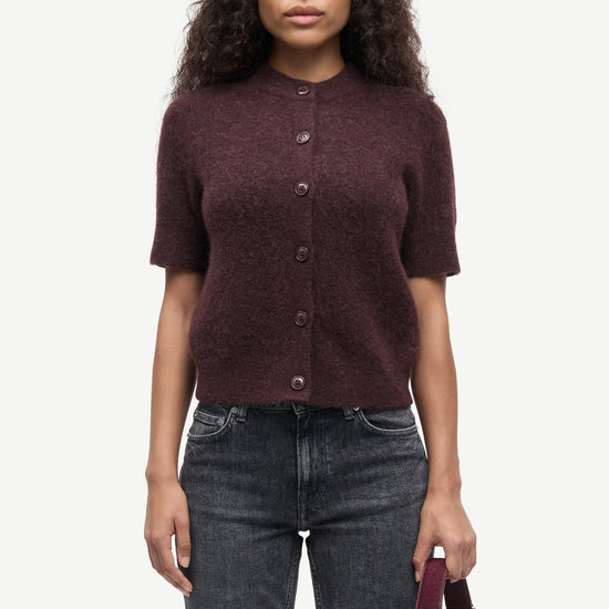 short sleeve dark burgundy wool mix cardigan with burgundy buttons from samsoe samsoe model shot