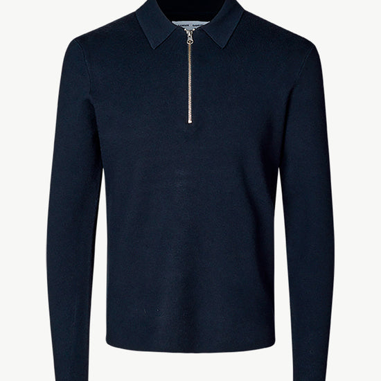 navy half zip jumper with collar and long sleeves in fine knit