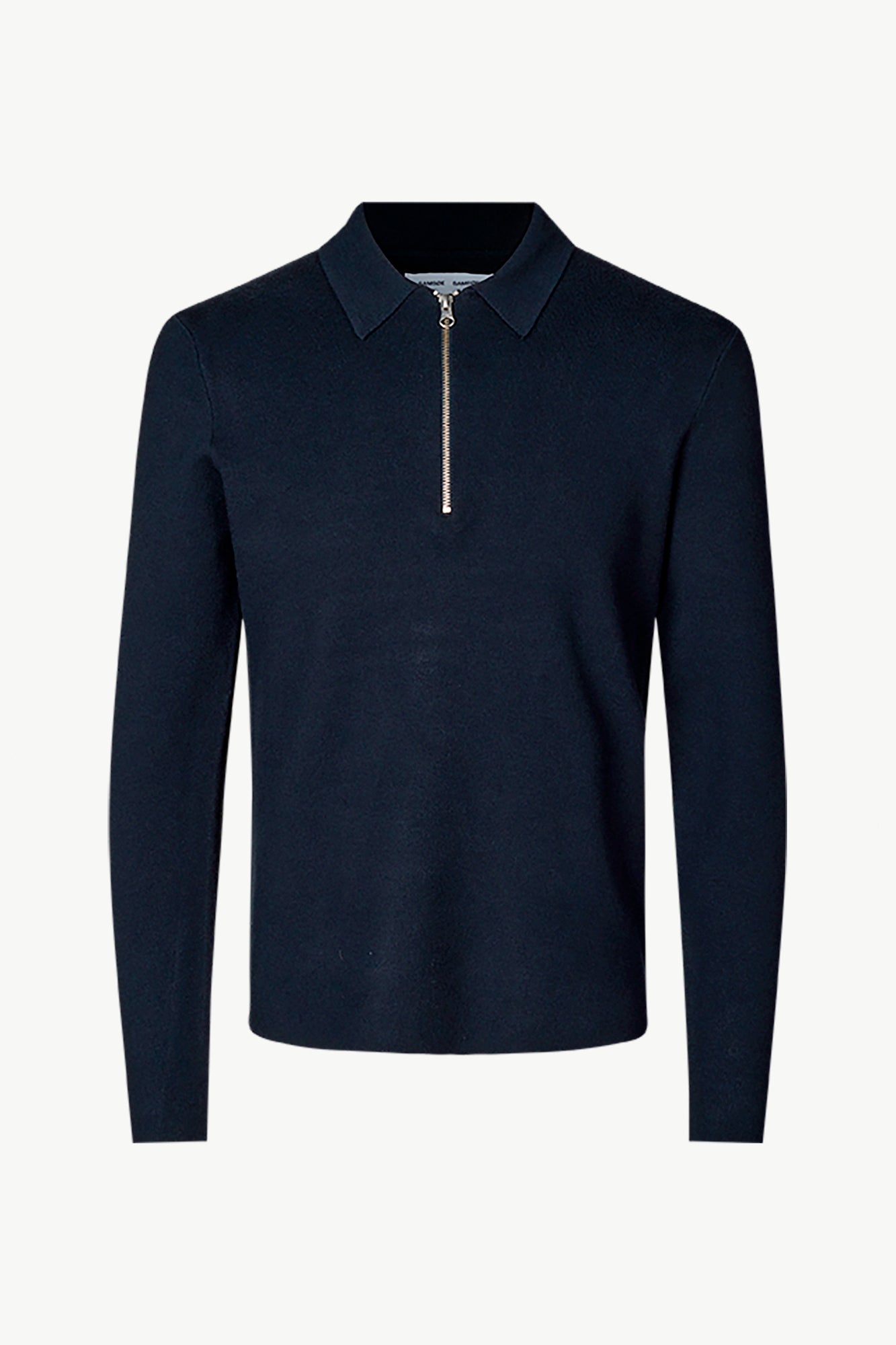 navy half zip jumper with collar and long sleeves in fine knit