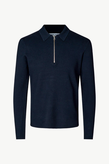 navy half zip jumper with collar and long sleeves in fine knit