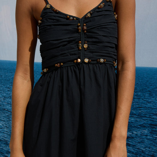 spaghetti strap black midi dress with beaded detailing from rails close up