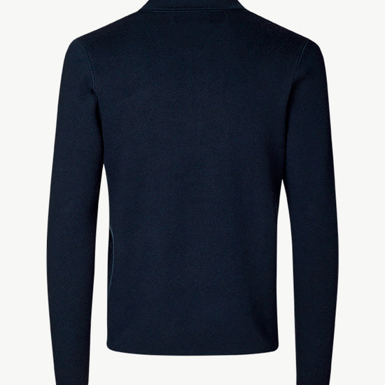 navy half zip jumper with collar and long sleeves in fine knit rear view 