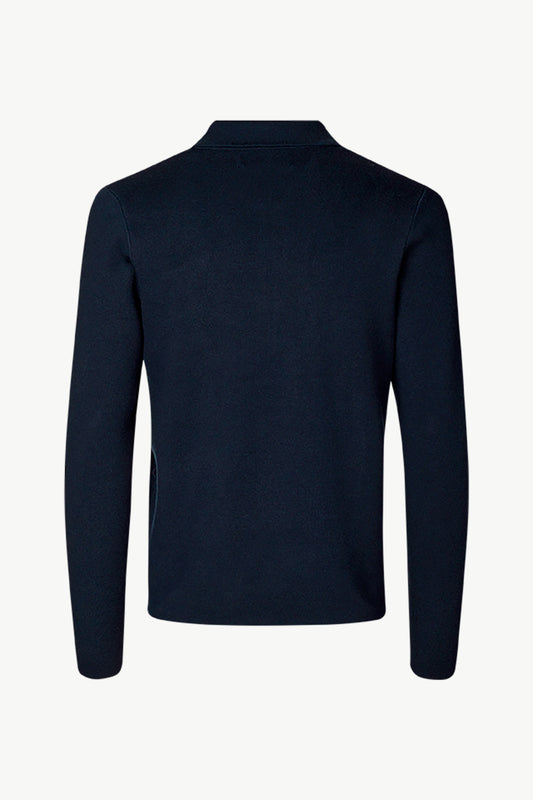 navy half zip jumper with collar and long sleeves in fine knit rear view 