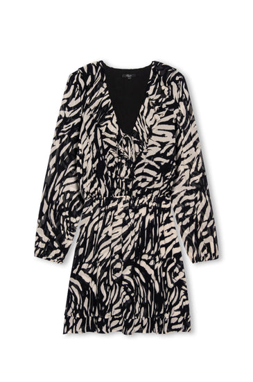 v neck tiger print dress with elasticated long sleeves and tiered skirt