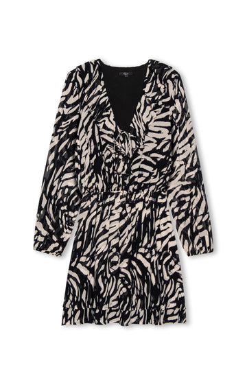 v neck tiger print dress with elasticated long sleeves and tiered skirt