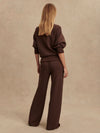 dark brown marl wide leg sweat pants with central seam down the legs and elasticated waistband with side pockets  rear view