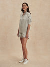 light grey marl double zip sweater with piping from varley model shot