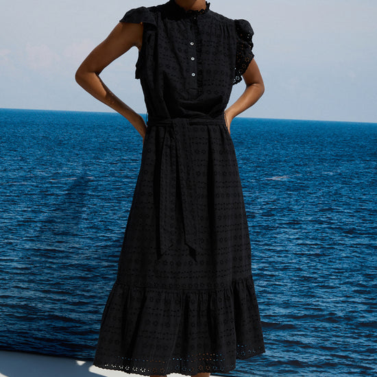 short ruffled sleeve midi dress with black grid design from rails model 