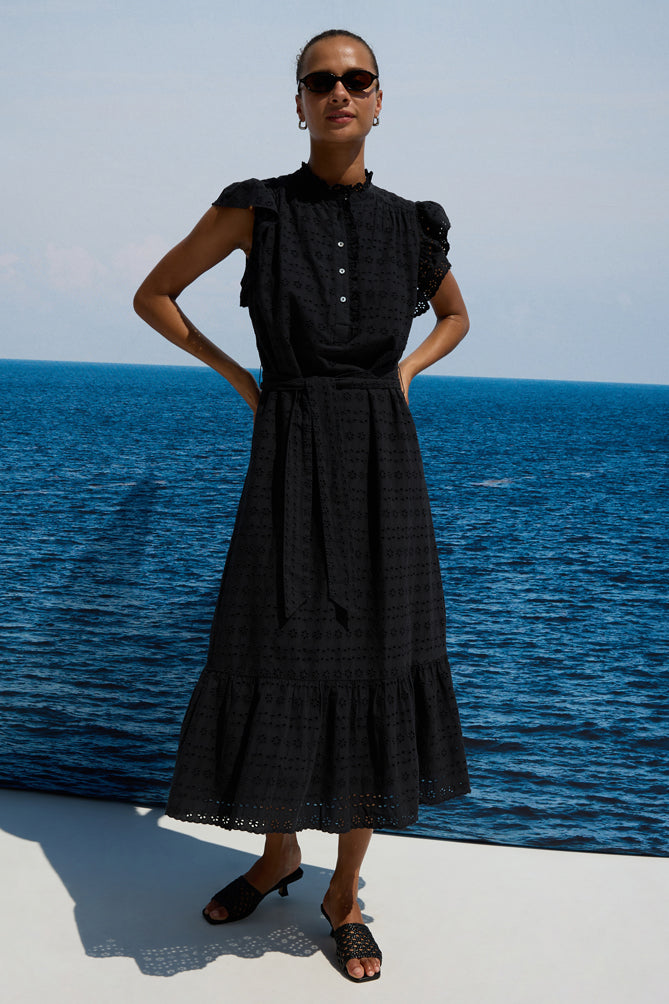 short ruffled sleeve midi dress with black grid design from rails model 
