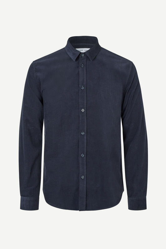 navy blue button down shirt with single button cuff, pleat in rear yoke and curved hem