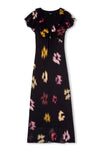 v neck long black dress with ruffled neckline and sleeves with floral blurred print