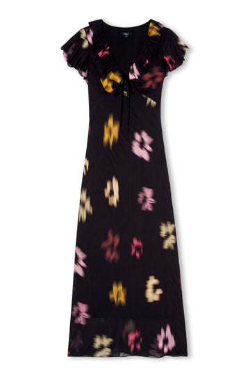 v neck long black dress with ruffled neckline and sleeves with floral blurred print