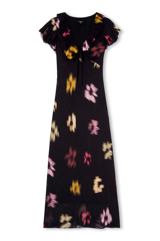 v neck long black dress with ruffled neckline and sleeves with floral blurred print