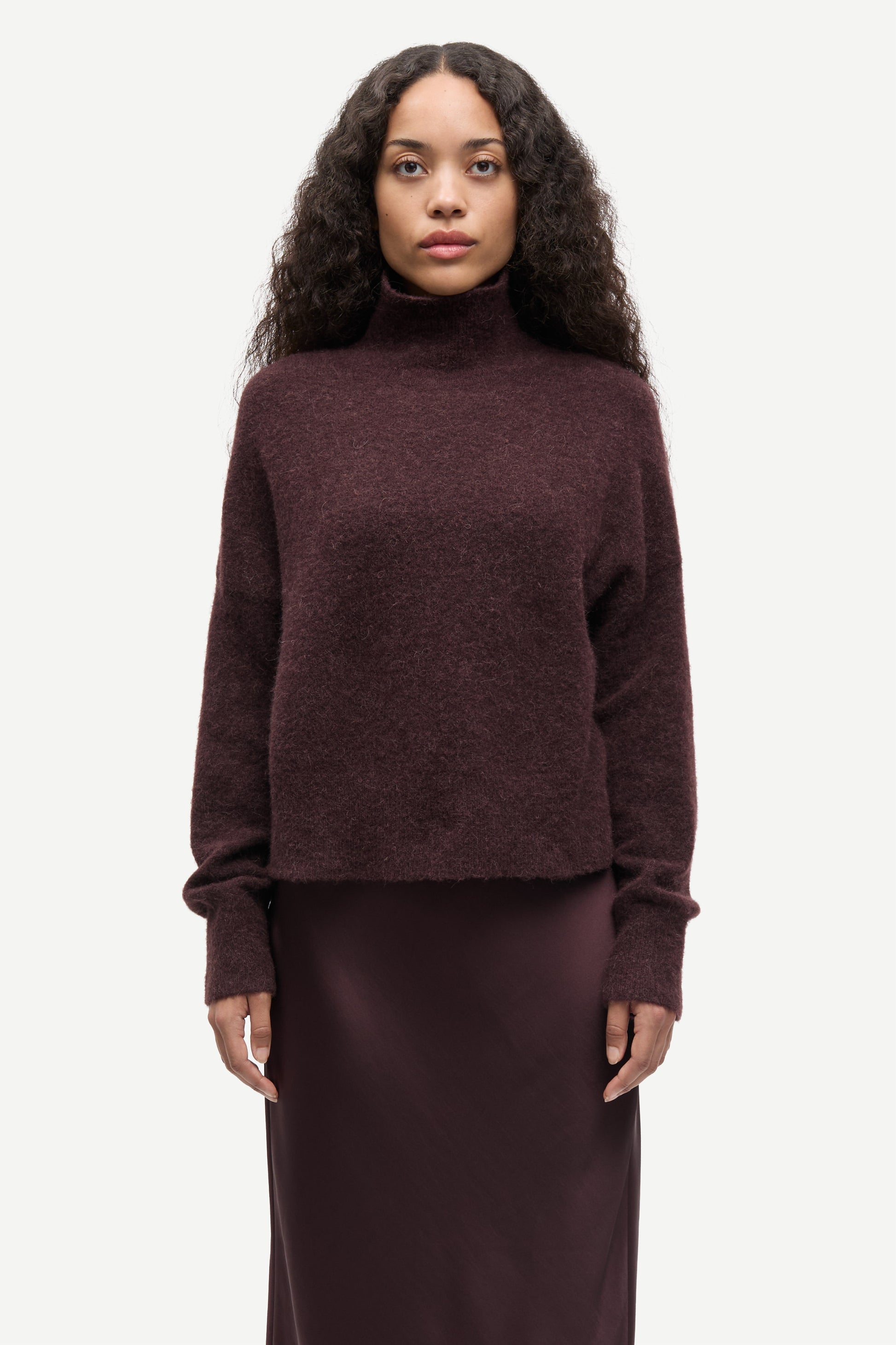 brown turtleneck wool  jumper from samsoe samsoe model shot
