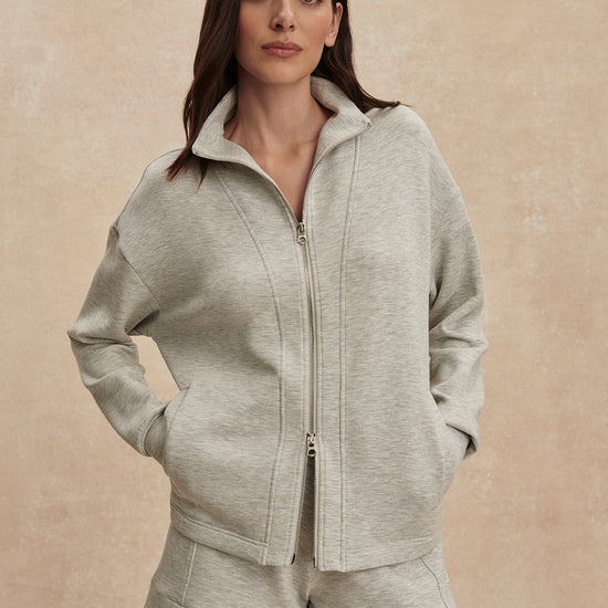 light grey marl double zip sweater with piping from varley 