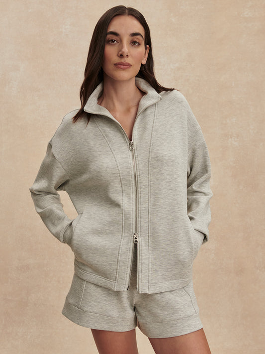 light grey marl double zip sweater with piping from varley 